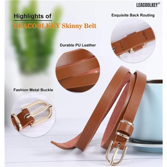 LEACOOLKEY Skinny Leather Belt for Dress for Jeans Waist Belt with Gold Buckle main image 4